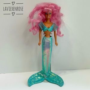 1980s Barter Mermaid Doll with Pink Hair and Blue Tail